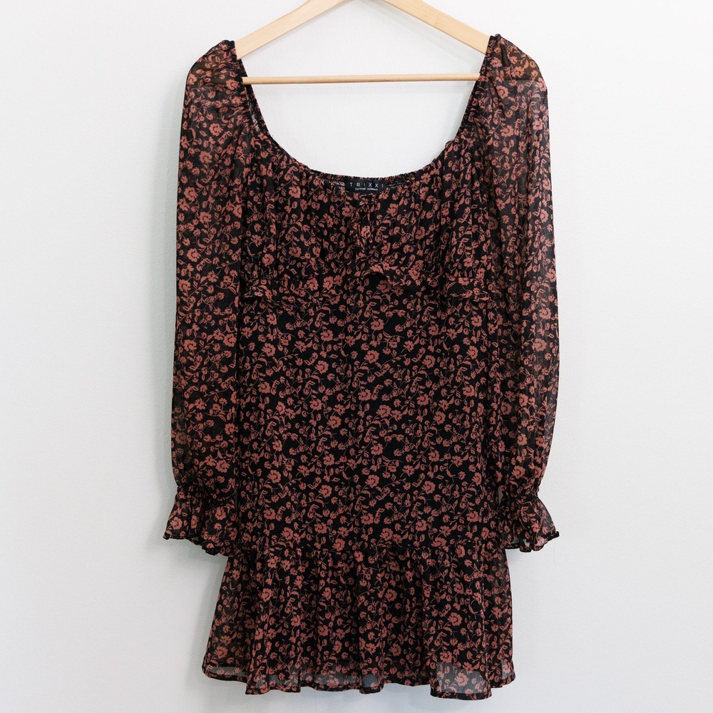 Trixxi Clothing Company Floral Square Neck Ruffle Mini Dress Black Brown